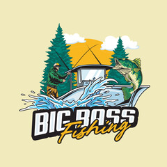 Vector Illustration of Fisherman Catching Bass Fish on the Boat with Nature view with Vintage Illustration Available for Tshirt Design