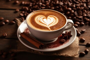 Cup of coffee with latte art of heart shape, love to coffee concept. Year 2025 color, Mocha Mouse