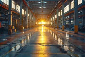 Fototapeta premium Dawn breaks over an auto manufacturing plant, wide angle, symbol of industry strength wallpaper , closeup