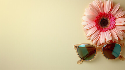 Sunglasses and pink flower palmleafes lay on a yellow background copy space advertising wallpaper summer holiday vacation sunshine poster
