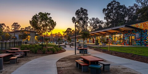 Obraz premium A park with a colorful building, picnic tables, and a walking path. AI.