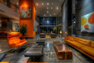 Luxurious hotel lobby interior with modern furniture and paintings. AI.