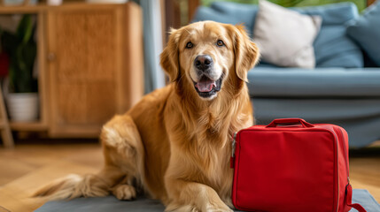 Alert Golden Retriever with Red Medical Bag Indoors, Health Care