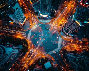 A mesmerizing aerial view of a busy urban intersection at night, showcasing the vibrant energy of city life. AI.