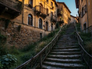 Stone steps lead up to a narrow street lined with old stone buildings. AI.