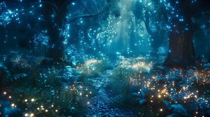 Enchanting Fantasy Woodland Landscape with Bioluminescent Plants and Mystical Atmosphere in Night Sky with Glowing Lights