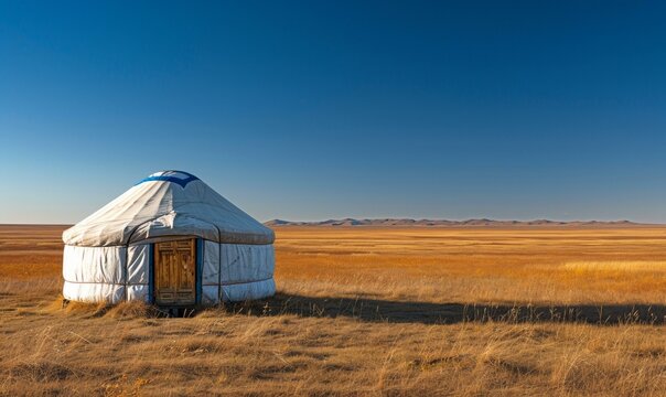 A yurt stands alone in a vast, grassy field under a clear blue sky. AI.