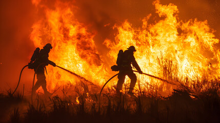 Obraz premium Deux silhouettes de pompiers combattant activement un incendie.