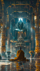 Vertical recreation of a buddhist monk sitting in a temple in front of a giant statue of Buddha