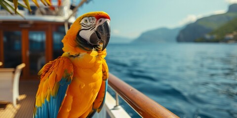 A brightly colored parrot sits on a railing on a boat with the ocean in the background. AI. - Powered by Adobe