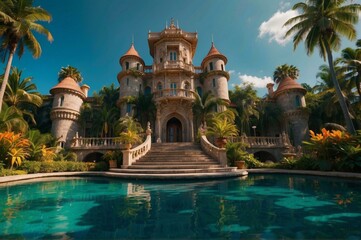 A beautiful mansion with a pool and palm trees. AI.