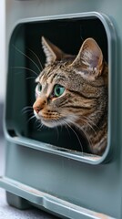 A cat peeks out of a plastic container. AI.