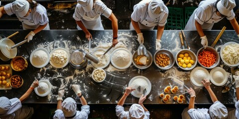 A group of chefs prepare ingredients for cooking. AI.