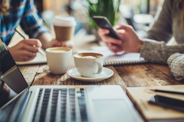 A closeup photo shows two people working together on their laptops, with one person holding an iPhone and the other writing notes next to coffee cups on a wooden table in an office with natural light.