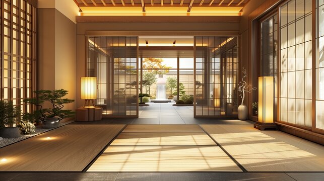 Modern Japanese entrance with a tatami mat foyer and shoji screens