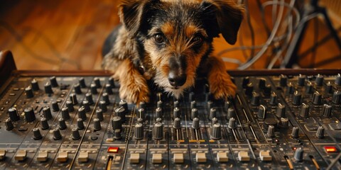 A small, shaggy brown dog sits on a large, professional sound mixing board. AI.