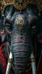 Vertical recreation close-up frontal of elephant head with ornaments up as Ganesha hindu deity	