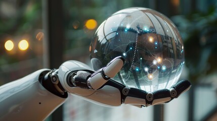 Robotic arm gently holds a transparent globe with glowing circuits, depicting artificial intelligence