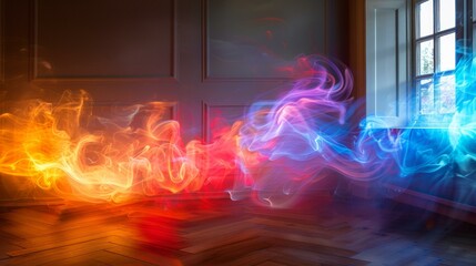 Flames of red, orange, blue, and purple dance across a wooden floor. AI.