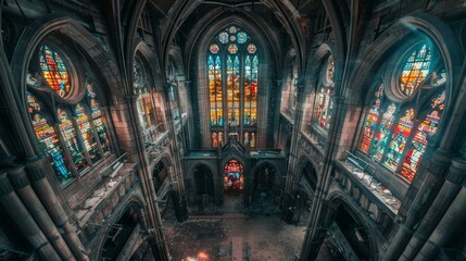 Fototapeta premium A stained glass window in an abandoned church. AI.