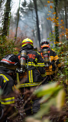Obraz premium Une équipe de pompiers progressant prudemment à travers une forêt, équipée de matériel de lutte contre les incendies.