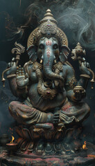 Fototapeta premium Vertical recreation of Ganesha deity hinduist with spiritual atmosphere around