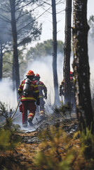 Deux pompiers en action dans une zone boisée, combattant un incendie.