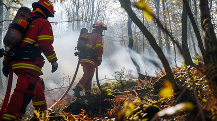 Des pompiers à l'assaut d'un incendie dans une forêt. 