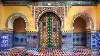 Moroccan entrance with arched doors and colorful mosaic tiles
