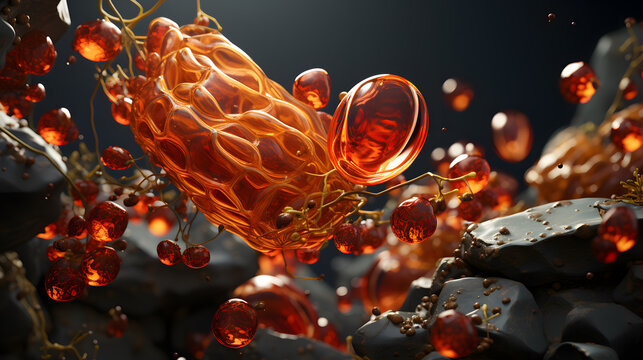 abstract concept 3d illustration visualized gallstone in the gallbladder for healthcare promote, awareness, prevention and medical campaign presentation background with copy space.