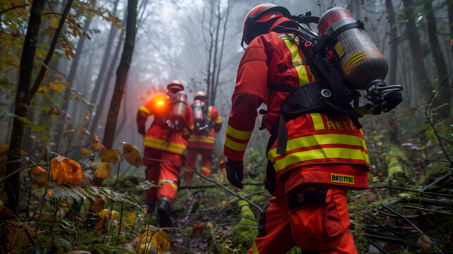 Une &eacute;quipe de pompiers en combinaisons avan&ccedil;ant &agrave; travers une for&ecirc;t.