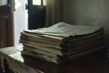 Stacks of newspapers sit, stories silenced in the quiet of soft afternoon light.