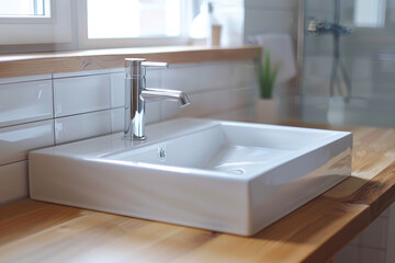 Sunlight illuminates a sleek bathroom sink with a modern stainless steel faucet.