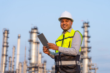 Handsome Asian man petrochemical engineer working with digital tablet and smiling to camera with...