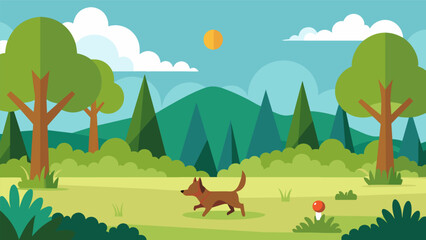 A virtual field filled with tall grass and trees giving your dog the perfect opportunity to run and play without ever leaving the comfort of your. Vector illustration