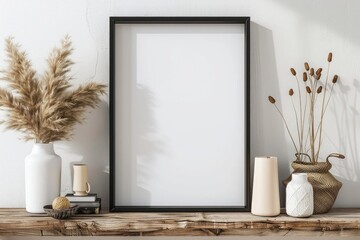 Empty mock up black poster frame on wooden shelf. Interior design of modern living room with white...