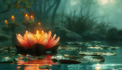 Recreation of a lotus flower in a magic pond - obrazy, fototapety, plakaty