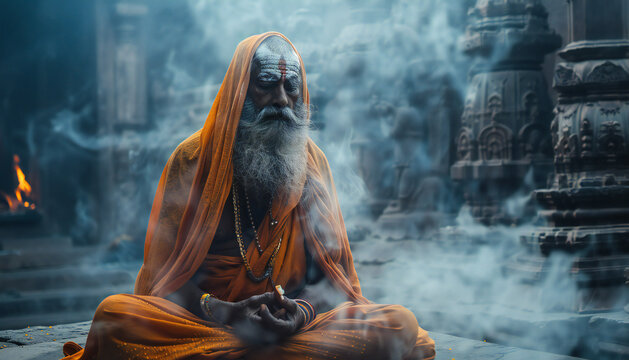 Recreation of a hinduist sadhu ascetic meditating in a ancient temple