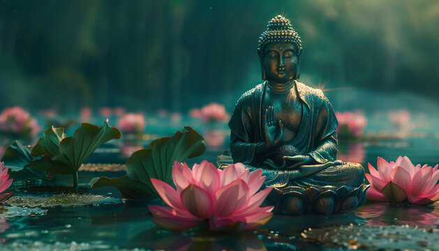 Recreation of a statue of Buddha surrounded of lotus flowers