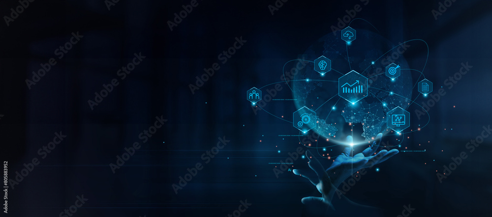 Aufkleber digital technology, digital marketing, hand man holding of global business network connection, ai te