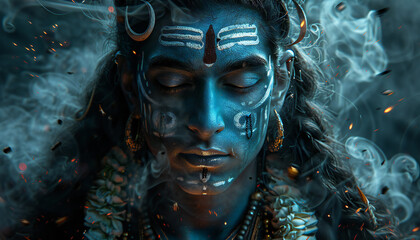 Recreation of Shiva deity hinduist with spiritual atmosphere around meditating