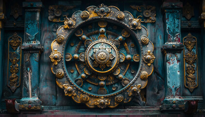 Recreation of Wheel of Dharma symbol in a ancient door