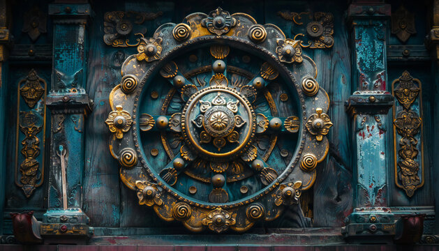 Recreation of Wheel of Dharma symbol in a ancient door