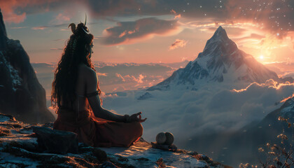 Recreation of Shiva deity hinduist meditating in the Mount Kailash at sunset	