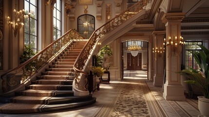 Fototapeta premium Opulent entrance with a grand staircase and a hand-woven silk runner