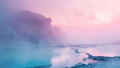 An ethereal view of a pastelcolored hot spring surrounded by misty landscapes