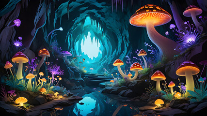 Naklejka premium Revealing the Otherworldly of Exploring a Luminous Underground Cavern with Bioluminescent Life