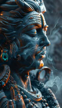 Vertical recreation of Shiva deity hinduism with smoky atmosphere around