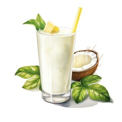 Banana Coconut Water Smoothie watercolor on white background, suitable for crafting and digital design projects