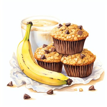 recommend clip art: Banana and Chocolate Chip Baked Oatmeal Cups watercolor on white background, suitable for crafting and digital design projects